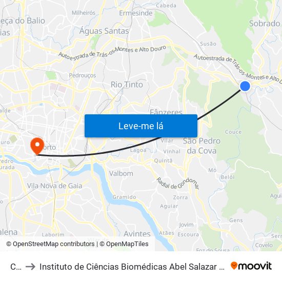 Chã to Instituto de Ciências Biomédicas Abel Salazar - Polo de Medicina map
