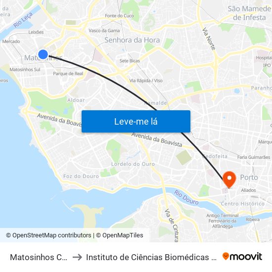 Matosinhos Câmara (Matc1) to Instituto de Ciências Biomédicas Abel Salazar - Polo de Medicina map