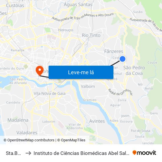 Sta.Bárbara to Instituto de Ciências Biomédicas Abel Salazar - Polo de Medicina map