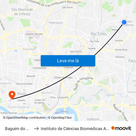 Baguim do Monte (Igreja) to Instituto de Ciências Biomédicas Abel Salazar - Polo de Medicina map