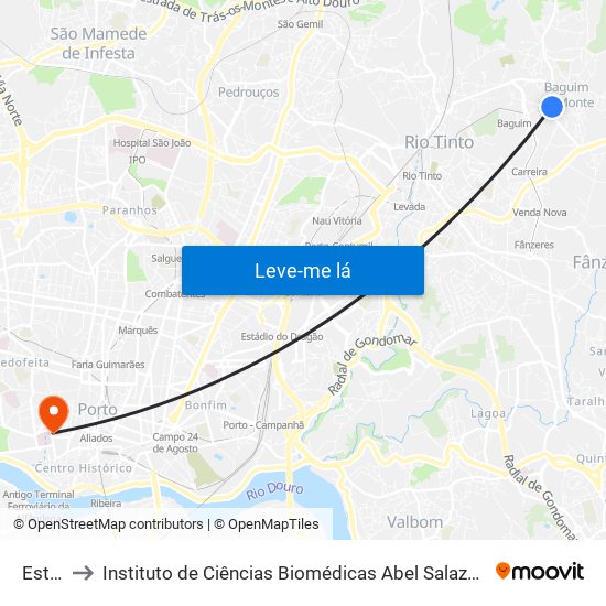 Estrela to Instituto de Ciências Biomédicas Abel Salazar - Polo de Medicina map