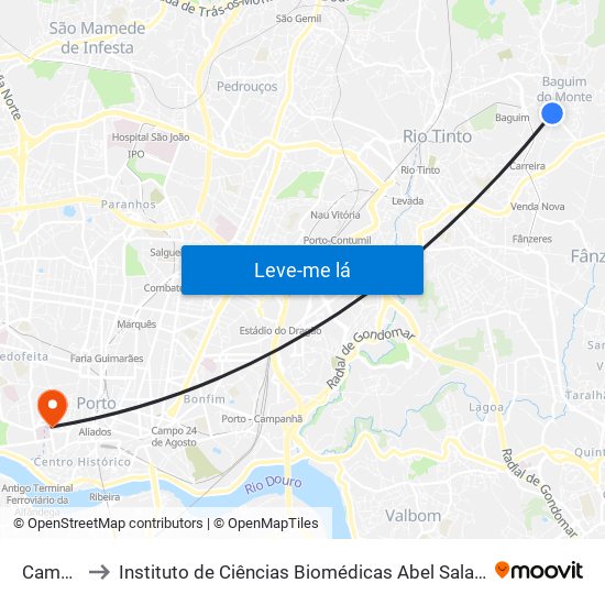 Campinho to Instituto de Ciências Biomédicas Abel Salazar - Polo de Medicina map