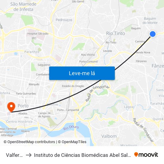 Valferreiros to Instituto de Ciências Biomédicas Abel Salazar - Polo de Medicina map