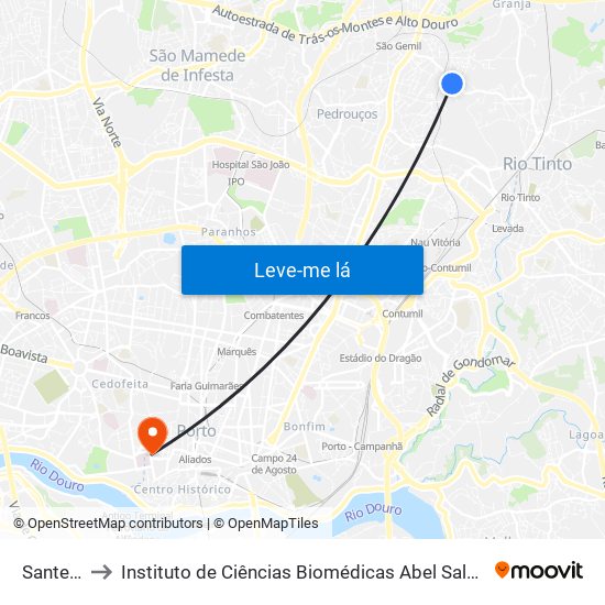 Santegãos to Instituto de Ciências Biomédicas Abel Salazar - Polo de Medicina map