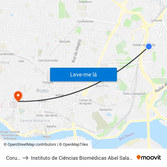 Corujeira to Instituto de Ciências Biomédicas Abel Salazar - Polo de Medicina map