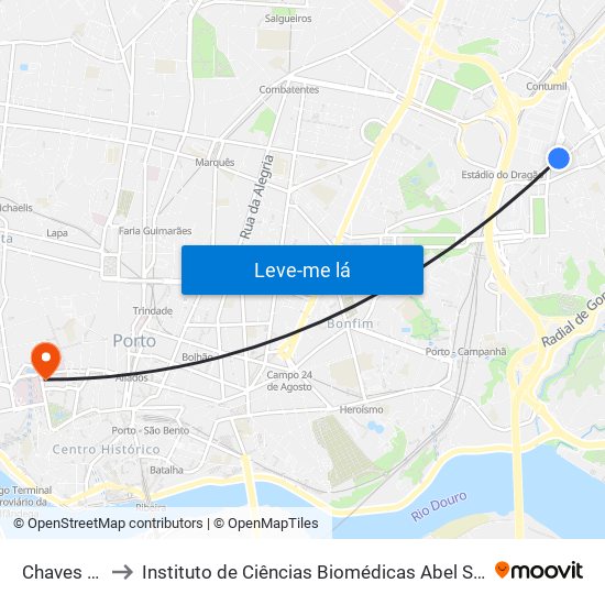 Chaves Oliveira to Instituto de Ciências Biomédicas Abel Salazar - Polo de Medicina map