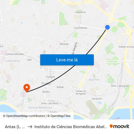 Antas (L. Cidadão) to Instituto de Ciências Biomédicas Abel Salazar - Polo de Medicina map