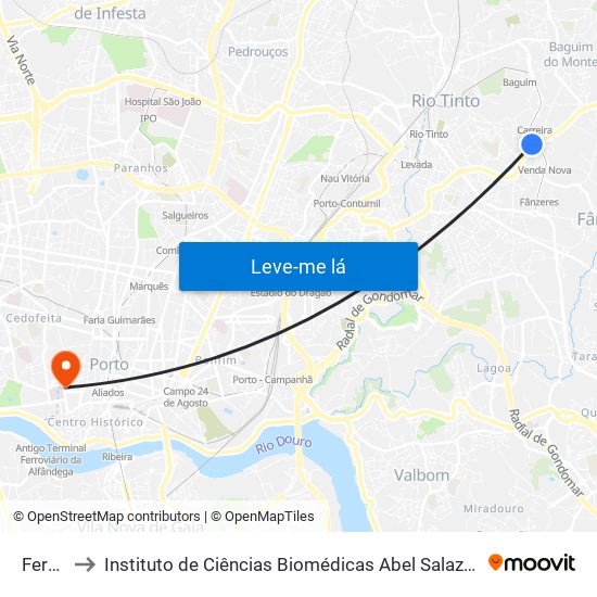 Ferraria to Instituto de Ciências Biomédicas Abel Salazar - Polo de Medicina map