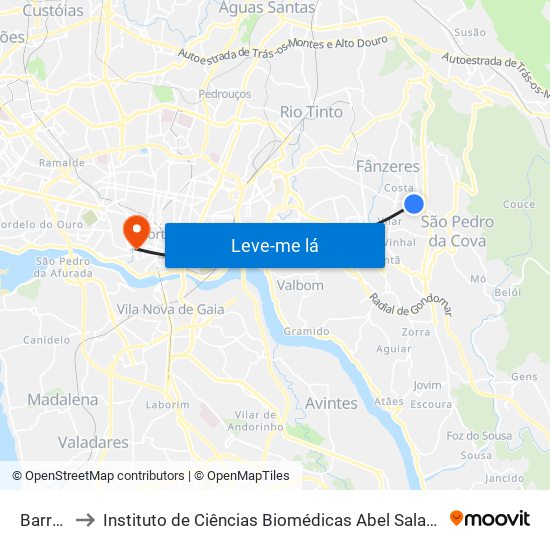 Barreiros to Instituto de Ciências Biomédicas Abel Salazar - Polo de Medicina map