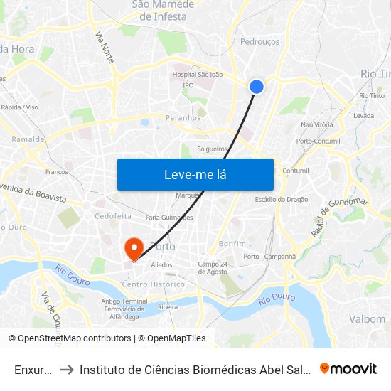 Enxurreiras to Instituto de Ciências Biomédicas Abel Salazar - Polo de Medicina map