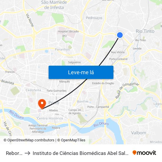 Rebordãos to Instituto de Ciências Biomédicas Abel Salazar - Polo de Medicina map