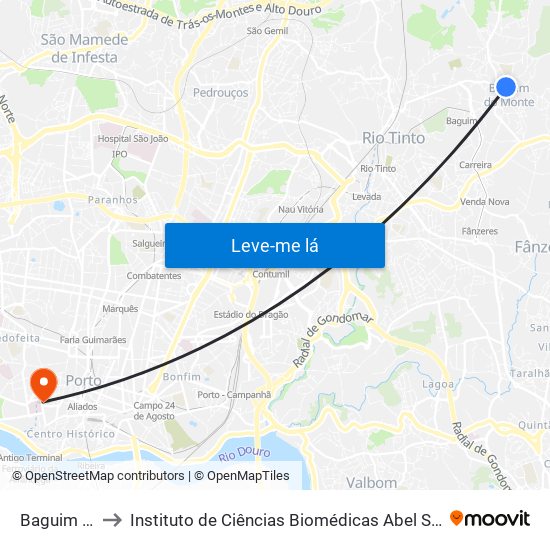Baguim (Igreja) to Instituto de Ciências Biomédicas Abel Salazar - Polo de Medicina map