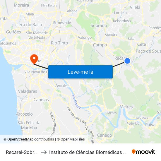 Recarei-Sobreira (Estação) to Instituto de Ciências Biomédicas Abel Salazar - Polo de Medicina map