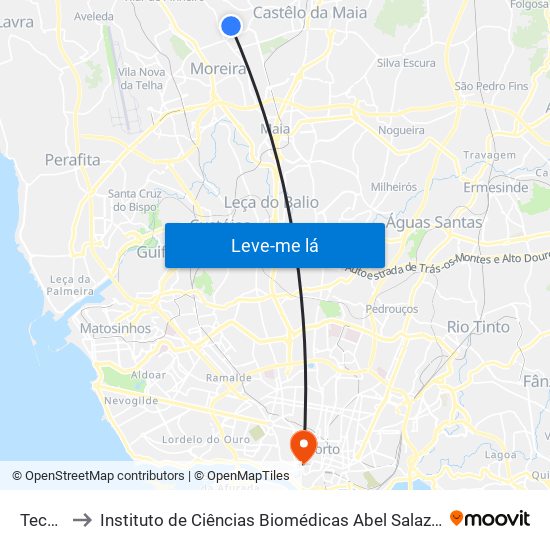 Tecmaia to Instituto de Ciências Biomédicas Abel Salazar - Polo de Medicina map