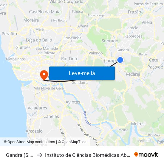 Gandra (S.Sebastião) to Instituto de Ciências Biomédicas Abel Salazar - Polo de Medicina map