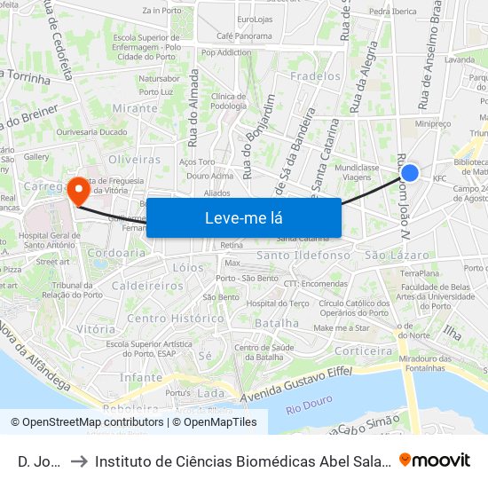 D. João IV to Instituto de Ciências Biomédicas Abel Salazar - Polo de Medicina map
