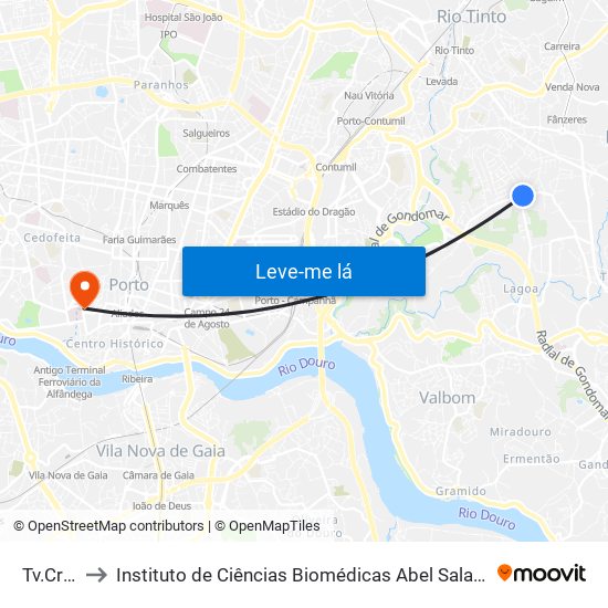 Tv.Cruzes to Instituto de Ciências Biomédicas Abel Salazar - Polo de Medicina map