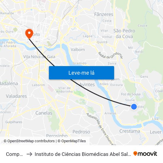 Compostela to Instituto de Ciências Biomédicas Abel Salazar - Polo de Medicina map