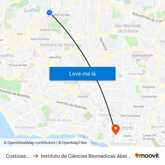 Custóias (Metro) to Instituto de Ciências Biomédicas Abel Salazar - Polo de Medicina map