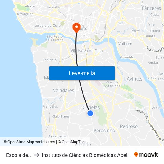 Escola de Canelas to Instituto de Ciências Biomédicas Abel Salazar - Polo de Medicina map