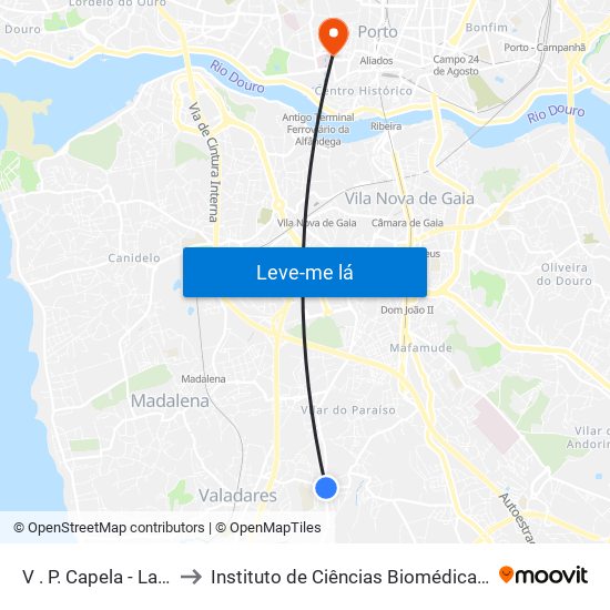 V . P. Capela - Largo dos Monteiros to Instituto de Ciências Biomédicas Abel Salazar - Polo de Medicina map