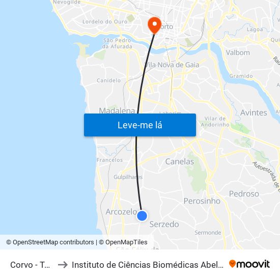 Corvo - Terreirinho to Instituto de Ciências Biomédicas Abel Salazar - Polo de Medicina map