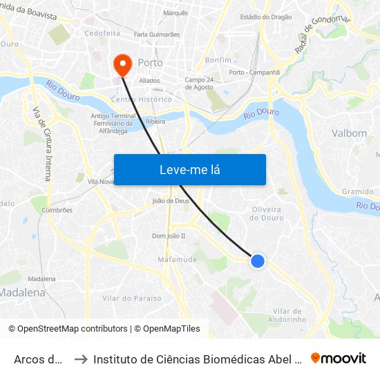 Arcos do Sardão to Instituto de Ciências Biomédicas Abel Salazar - Polo de Medicina map