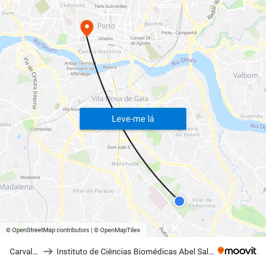 Carvalheiras to Instituto de Ciências Biomédicas Abel Salazar - Polo de Medicina map