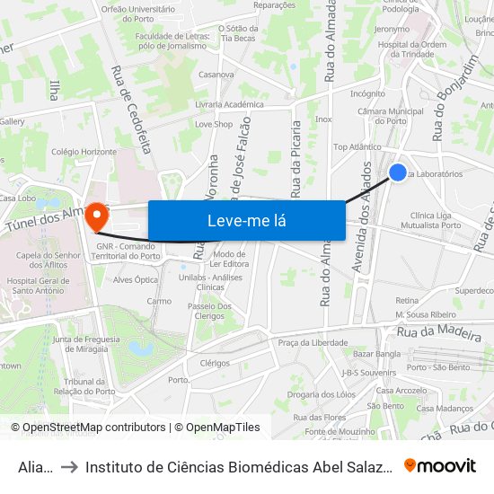 Aliados to Instituto de Ciências Biomédicas Abel Salazar - Polo de Medicina map