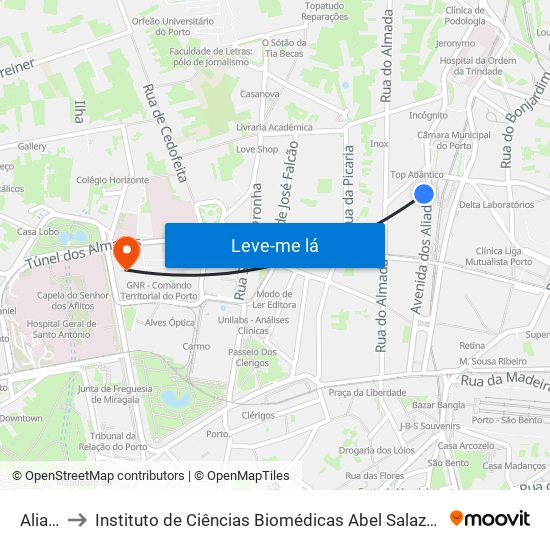 Aliados to Instituto de Ciências Biomédicas Abel Salazar - Polo de Medicina map