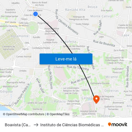 Boavista (Casa da Música) to Instituto de Ciências Biomédicas Abel Salazar - Polo de Medicina map