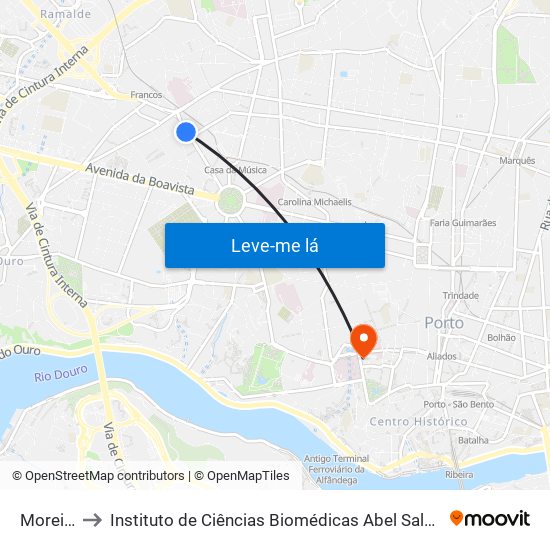 Moreira Sá to Instituto de Ciências Biomédicas Abel Salazar - Polo de Medicina map