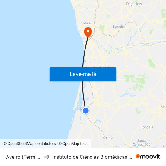 Aveiro (Terminal Rodoviário) to Instituto de Ciências Biomédicas Abel Salazar - Polo de Medicina map