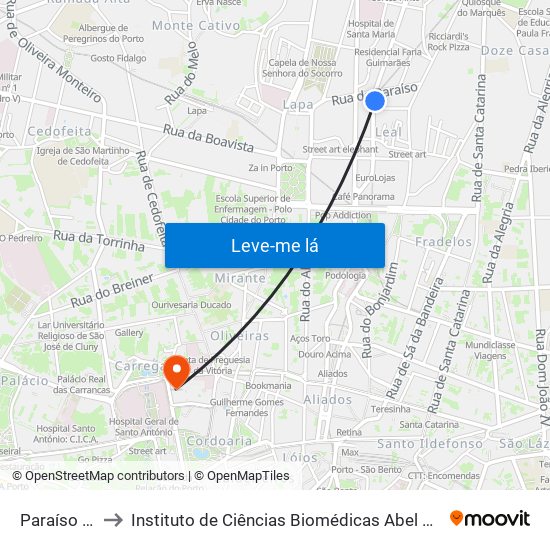 Paraíso (Metro) to Instituto de Ciências Biomédicas Abel Salazar - Polo de Medicina map