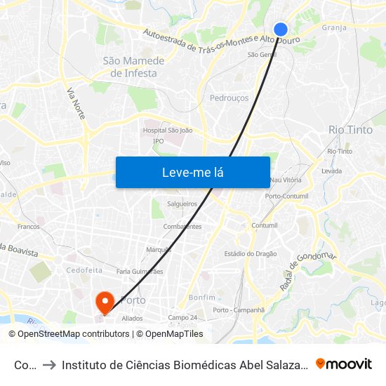 Corim to Instituto de Ciências Biomédicas Abel Salazar - Polo de Medicina map