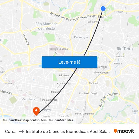 Coriscos to Instituto de Ciências Biomédicas Abel Salazar - Polo de Medicina map