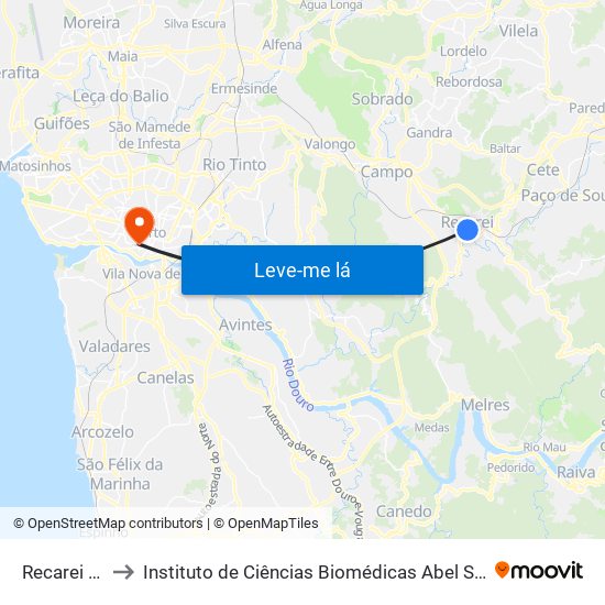 Recarei (Costa) to Instituto de Ciências Biomédicas Abel Salazar - Polo de Medicina map