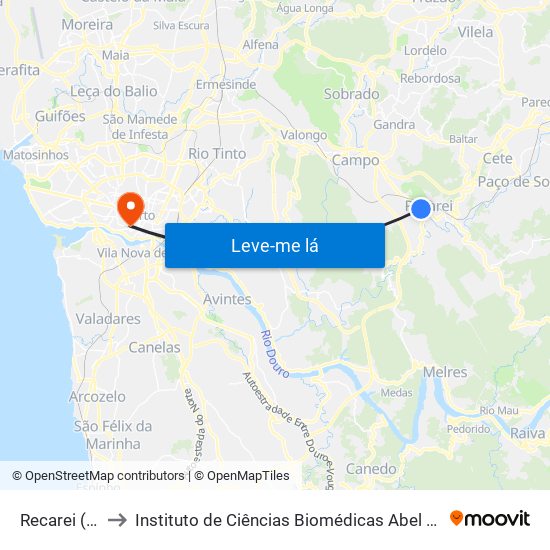 Recarei (Valteve) to Instituto de Ciências Biomédicas Abel Salazar - Polo de Medicina map