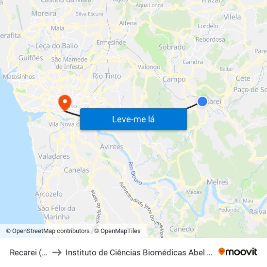 Recarei (Valvide) to Instituto de Ciências Biomédicas Abel Salazar - Polo de Medicina map