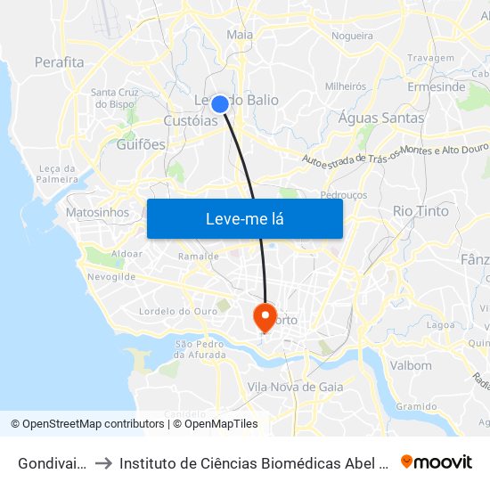 Gondivai (Norte) to Instituto de Ciências Biomédicas Abel Salazar - Polo de Medicina map