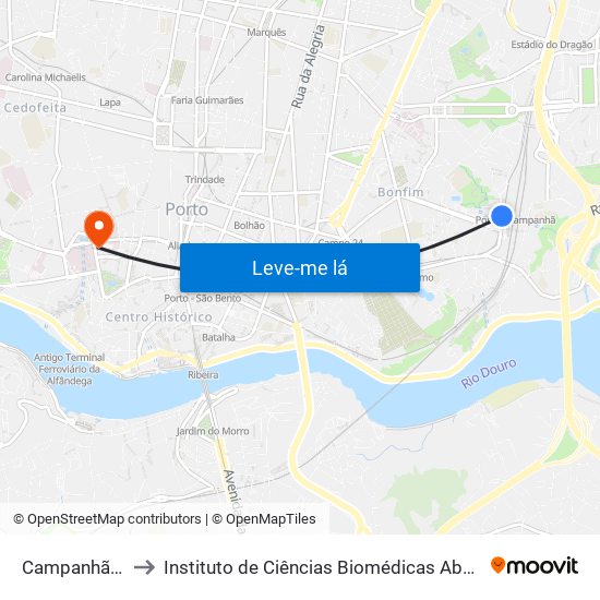 Campanhã (Estação) to Instituto de Ciências Biomédicas Abel Salazar - Polo de Medicina map