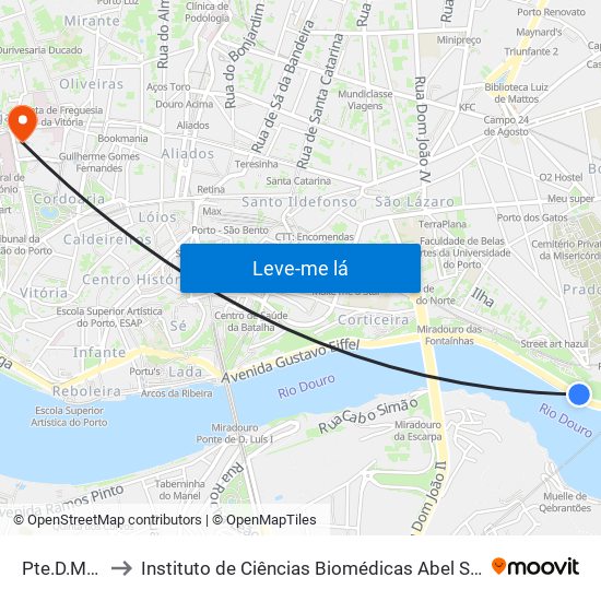 Pte.D.Maria Pia to Instituto de Ciências Biomédicas Abel Salazar - Polo de Medicina map