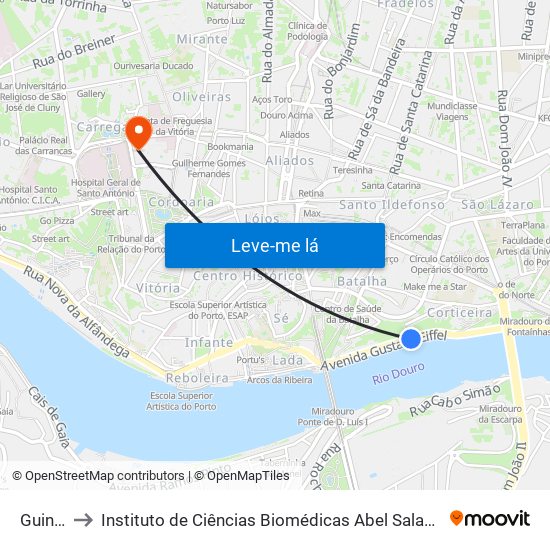 Guindais to Instituto de Ciências Biomédicas Abel Salazar - Polo de Medicina map
