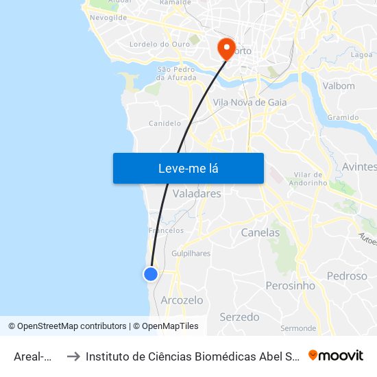 Areal-Miramar to Instituto de Ciências Biomédicas Abel Salazar - Polo de Medicina map