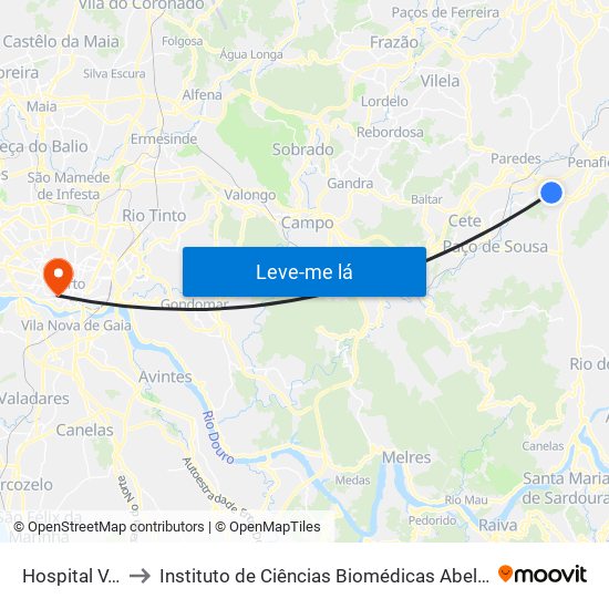 Hospital V. Sousa 2 to Instituto de Ciências Biomédicas Abel Salazar - Polo de Medicina map