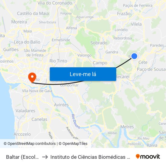 Baltar (Escola Secundária) to Instituto de Ciências Biomédicas Abel Salazar - Polo de Medicina map