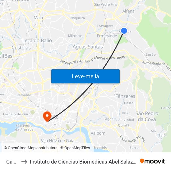 Cabeda to Instituto de Ciências Biomédicas Abel Salazar - Polo de Medicina map