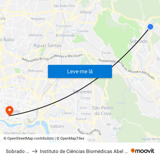 Sobrado de Cima to Instituto de Ciências Biomédicas Abel Salazar - Polo de Medicina map