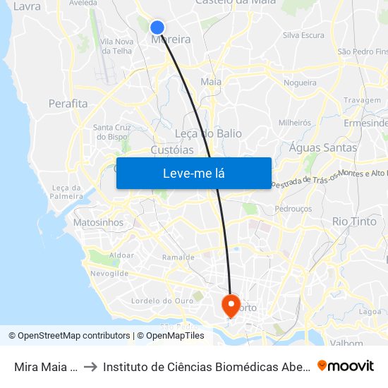 Mira Maia Shopping to Instituto de Ciências Biomédicas Abel Salazar - Polo de Medicina map