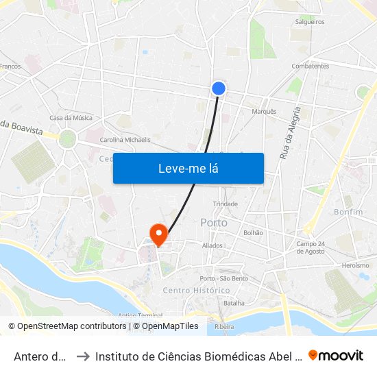 Antero de Quental to Instituto de Ciências Biomédicas Abel Salazar - Polo de Medicina map